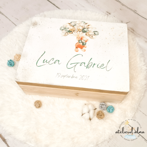 Cutie de lemn ursulet baloane aurii personalizata
