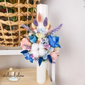 Lumanare botez flori multicolor personalizata